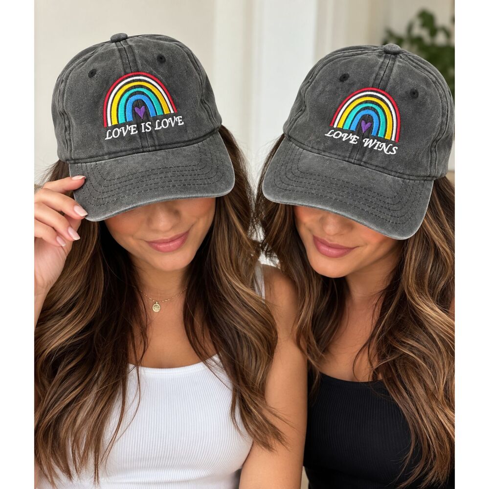 Love Is Love Love Wins Rainbow Embroidered Baseball Caps Adjustable Set of 2